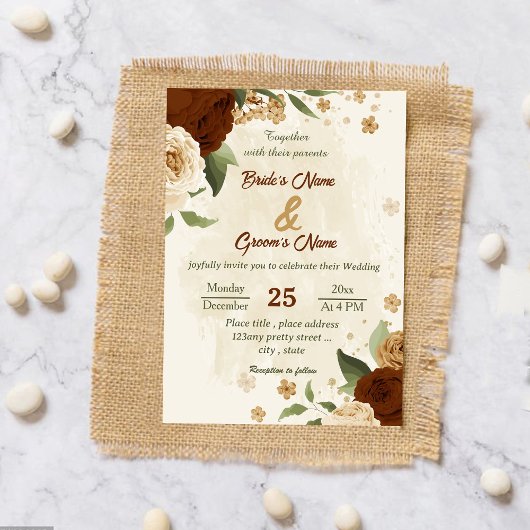 terracotta aardetoon bloemengroen bruiloft kaart