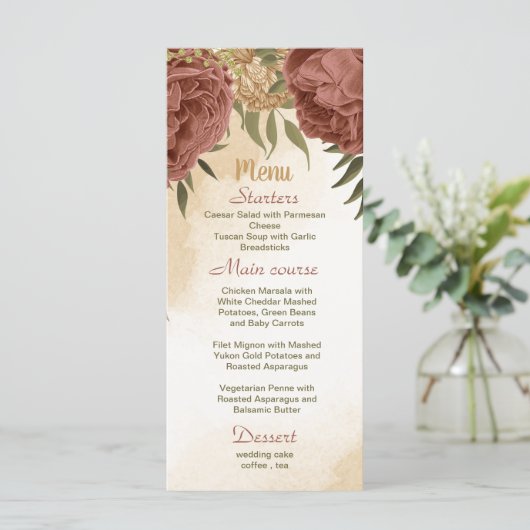 terracotta aardetoon bloemengroen bruiloft menu (Staand voorkant)