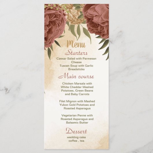 terracotta aardetoon bloemengroen bruiloft menu (Voorkant)