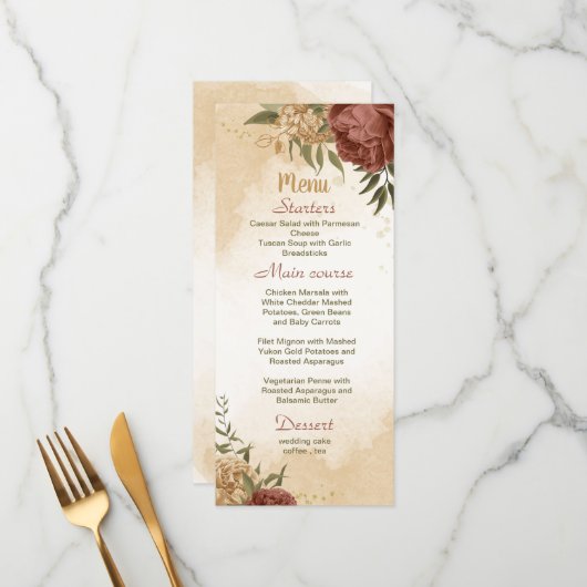 terracotta aardetoon bloemengroen bruiloft menu (Voorkant / Achterkant in situ)