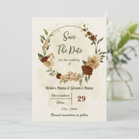 terracotta aardetoon bloemengroen bruiloft save the date (Staand voorkant)