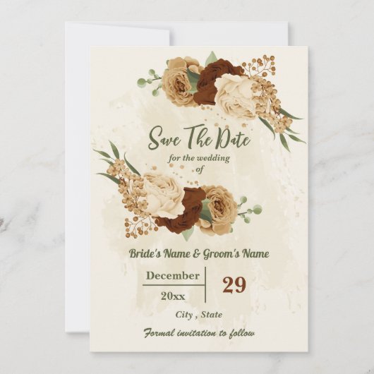 terracotta aardetoon bloemengroen bruiloft save the date (Voorkant)