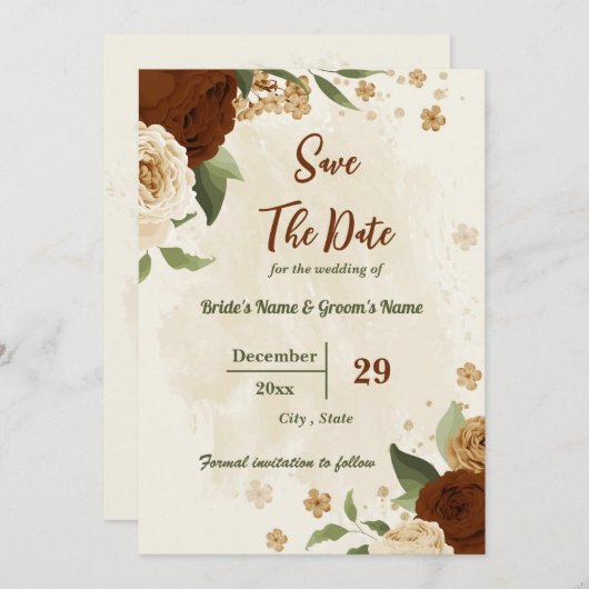 terracotta aardetoon bloemengroen bruiloft save the date (Voorkant / Achterkant)