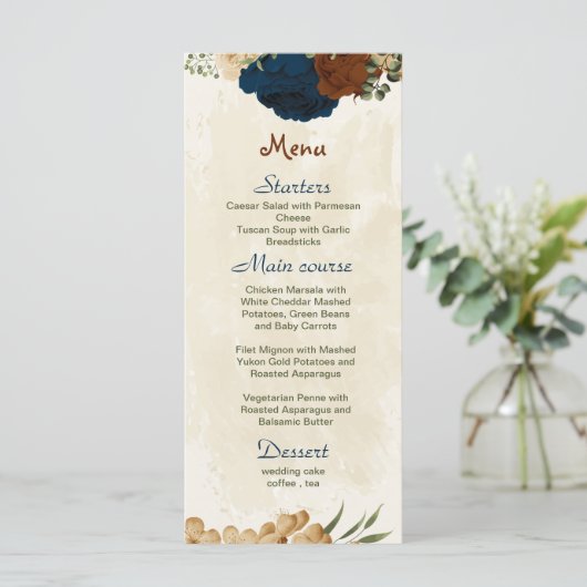 terracotta aardetoon marine bloemengroen bruiloft menu (Staand voorkant)