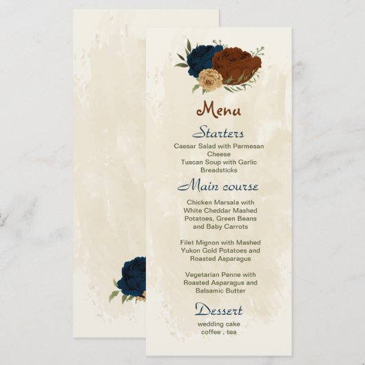 terracotta aardetoon marine bloemengroen bruiloft menu (Voorkant / Achterkant)