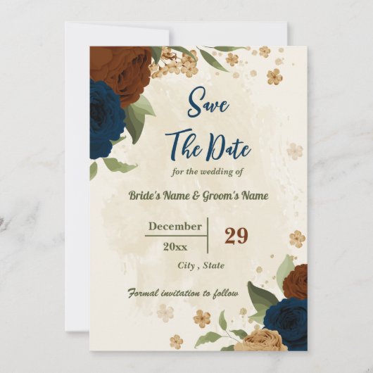 terracotta aardetoon marine bloemengroen bruiloft save the date (Voorkant)