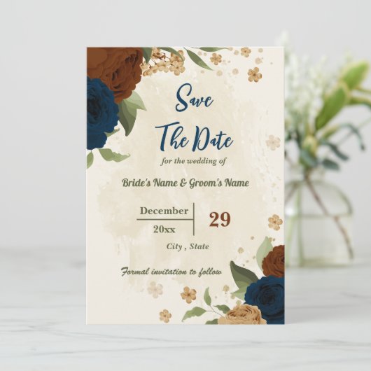 terracotta aardetoon marine bloemengroen bruiloft save the date (Staand voorkant)