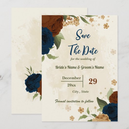 terracotta aardetoon marine bloemengroen bruiloft save the date (Voorkant / Achterkant)