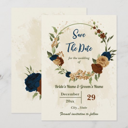 terracotta aardetoon marine bloemengroen bruiloft save the date (Voorkant / Achterkant)