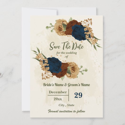 terracotta aardetoon marine bloemengroen bruiloft save the date (Voorkant)