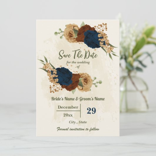 terracotta aardetoon marine bloemengroen bruiloft save the date (Staand voorkant)