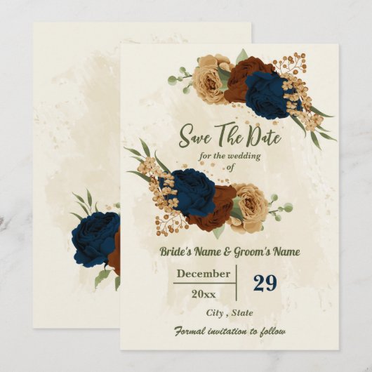 terracotta aardetoon marine bloemengroen bruiloft save the date (Voorkant / Achterkant)