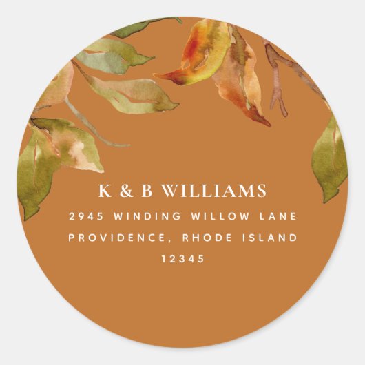 Terracotta adres van het herfstloof ronde sticker (Voorkant)