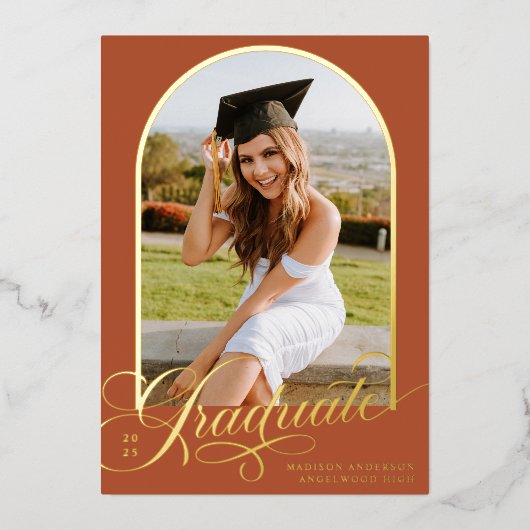 Terracotta Afstuderen Folie Afstuderen Aankondigin Folie Uitnodiging (Voorkant)