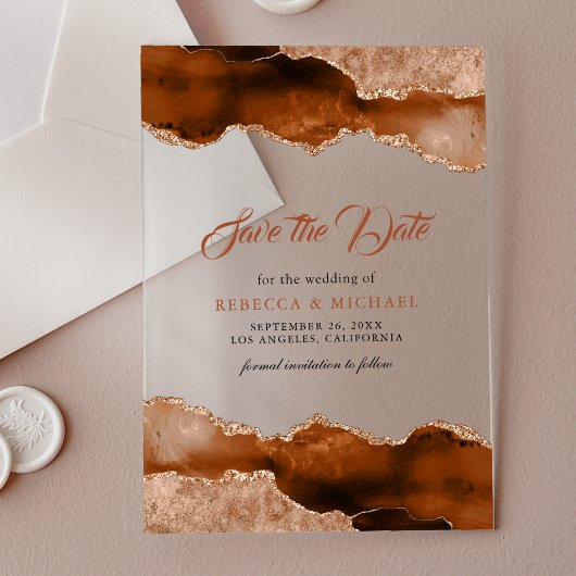 Terracotta Agaat Marmeren bruiloft Save the Date Acryl Uitnodigingen