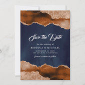 Terracotta Agate Marmer Navy Blauwe Trouwfoto Save The Date (Voorkant)