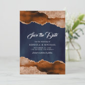 Terracotta Agate Marmer Navy Blauwe Trouwfoto Save The Date (Staand voorkant)