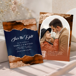 Terracotta Agate Marmer Navy Blauwe Trouwfoto Save The Date