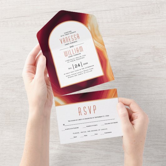 Terracotta agate slice geode fall bruiloft all in one uitnodiging (Afscheurbaar)