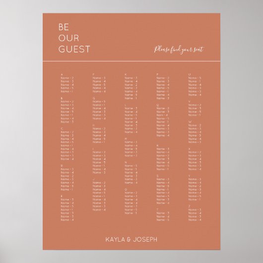 Terracotta Alfabetical Wedding Seding Chart Poster (Voorkant)