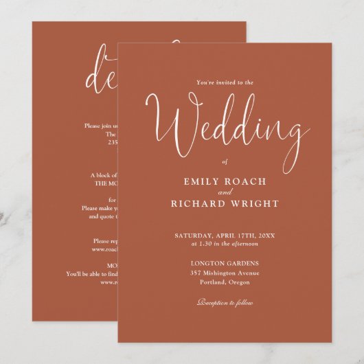 Terracotta alles in één elegant script bruiloft kaart (Voorkant / Achterkant)