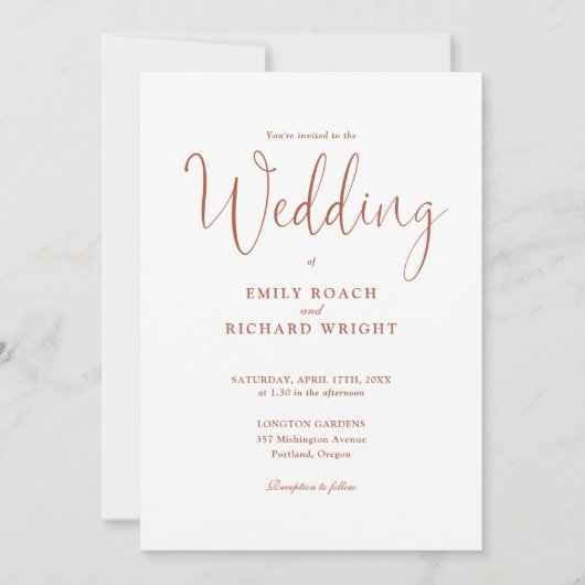Terracotta alles in één elegant script bruiloft kaart (Voorkant)