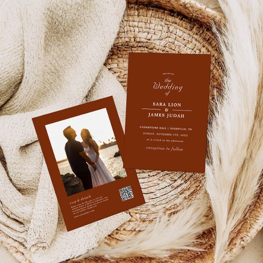 Terracotta alles in één foto bruiloft uitnodiging