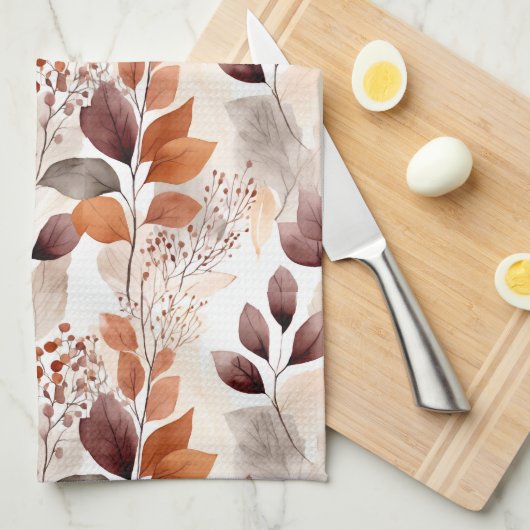 Terracotta and Burgundy Fall Leaves | Boho Autumn Theedoek (Quarter Fold)