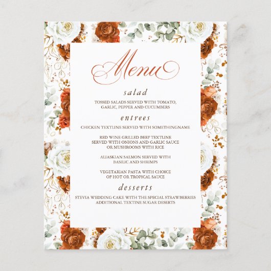 Terracotta and White Floral Elegant Wedding Menu (Voorkant)