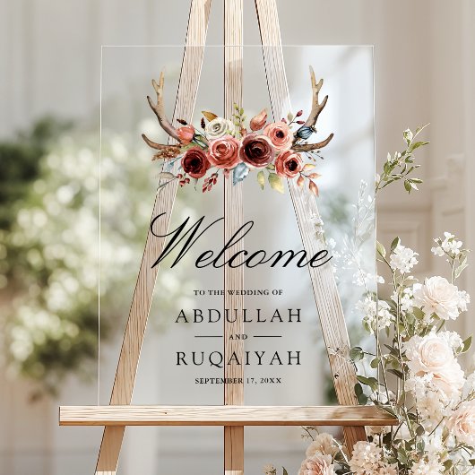 Terracotta Antlers Floral Wedding Welcome Acryl Bord