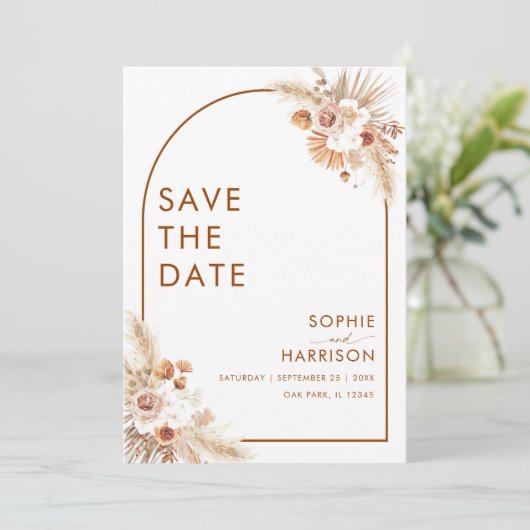 Terracotta Arch Boho Pampas grass Save the Date Kaart (Staand voorkant)