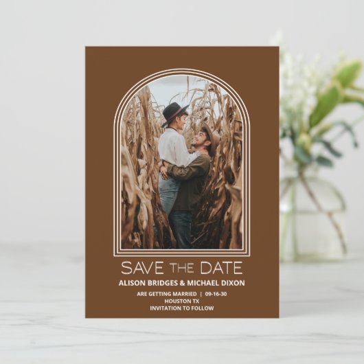 Terracotta Arch Photo Wedding Save the Date (Staand voorkant)