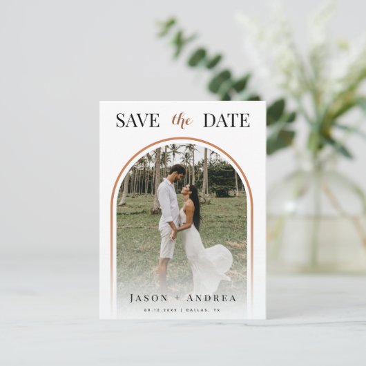 Terracotta Arch Tropical Photo Herfst Save the Dat Briefkaart (Staand voorkant)