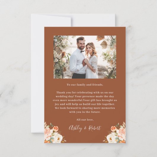 Terracotta Autumn Floral Modern Arch Weddenschap F Bedankkaart (Achterkant)