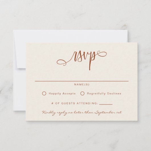 Terracotta Beige Handgeschreven Script Eenvoudig RSVP Kaartje (Voorkant)