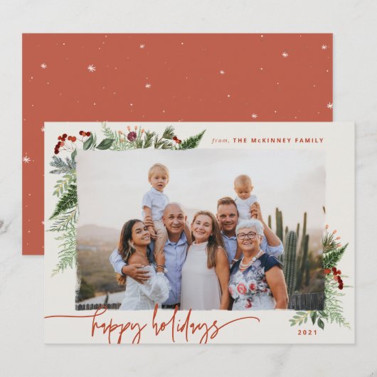 Terracotta Beige Modern Script Boho Groenery Foto Feestdagenkaart (Voorkant / Achterkant)