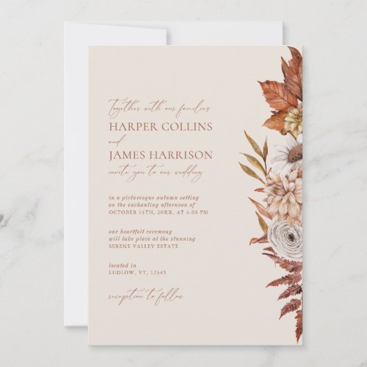 Terracotta Beige Moderne Bloemen Boho Herfstbruilo Kaart (Voorkant)