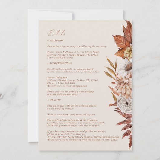 Terracotta Beige Moderne Bloemen Boho Herfstbruilo Kaart (Achterkant)