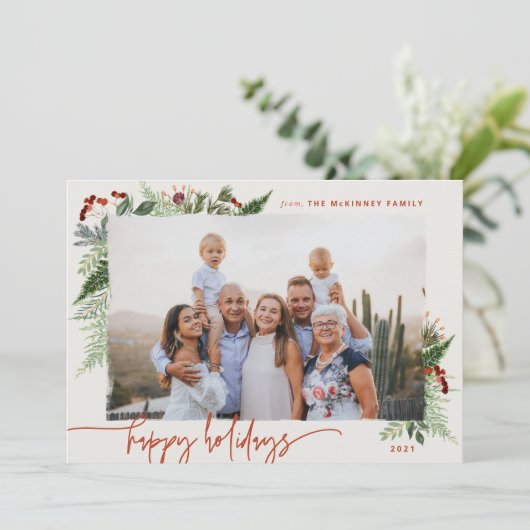 Terracotta Beige Moderne Script Boho Groenery Foto Feestdagenkaart (Staand voorkant)