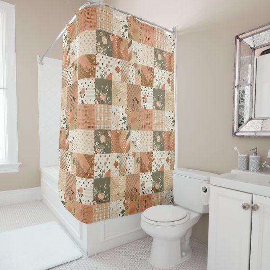 Terracotta Beige Patchwork Dekbed Rustieke Bloemen Douchegordijn (In situ)