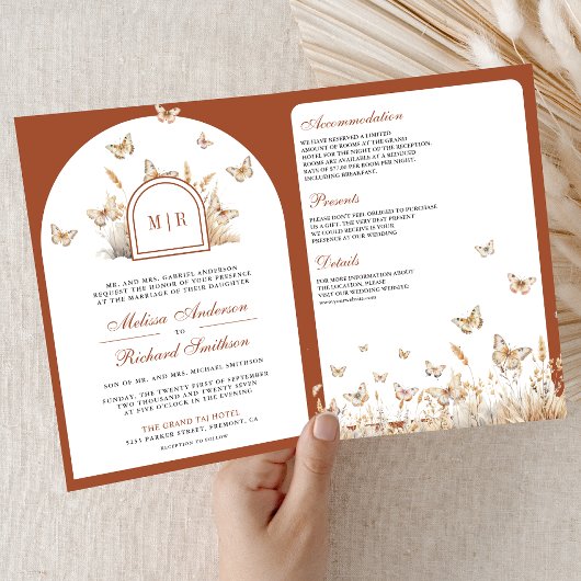 Terracotta Beige Wilde Bloem Vlinder Boog Bruiloft