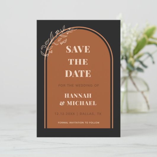 Terracotta Black Double Arch Tekening Botanische B Save The Date (Staand voorkant)