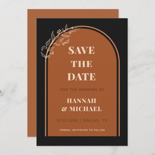 Terracotta Black Double Arch Tekening Botanische B Save The Date (Voorkant / Achterkant)