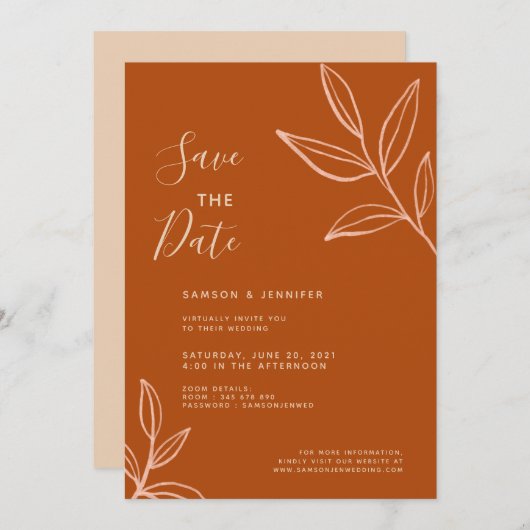 Terracotta Bladeren Save the Date Virtuele Trouwda Kaart (Voorkant / Achterkant)