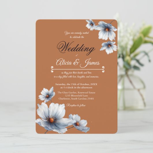 Terracotta Blauwe Bloemen Chic Anemoon Herfst Huwe Kaart (Staand voorkant)