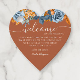 Terracotta blauwe roest eucalyptus welkom bruiloft bedankjes labels