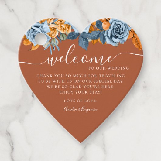 Terracotta blauwe roest eucalyptus welkom bruiloft bedankjes labels (Voorkant)