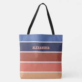 Terracotta & Blauwe Strepen Gepersonaliseerd Tote Bag