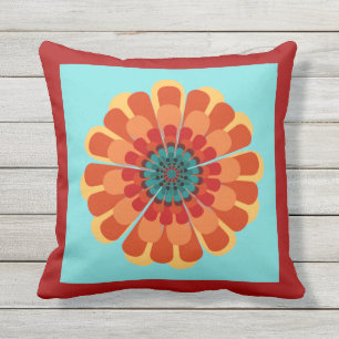 Terracotta & Blauwgroen Bloem met Rode Oranje Buitenkussen