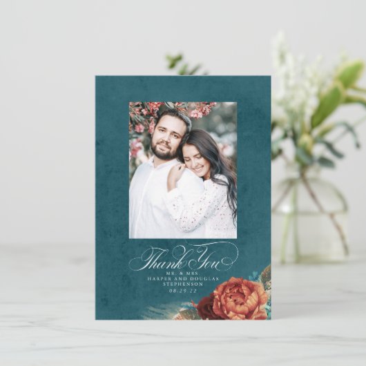 Terracotta Blauwgroen Blue Weddenschap Foto Bedankkaart (Staand voorkant)